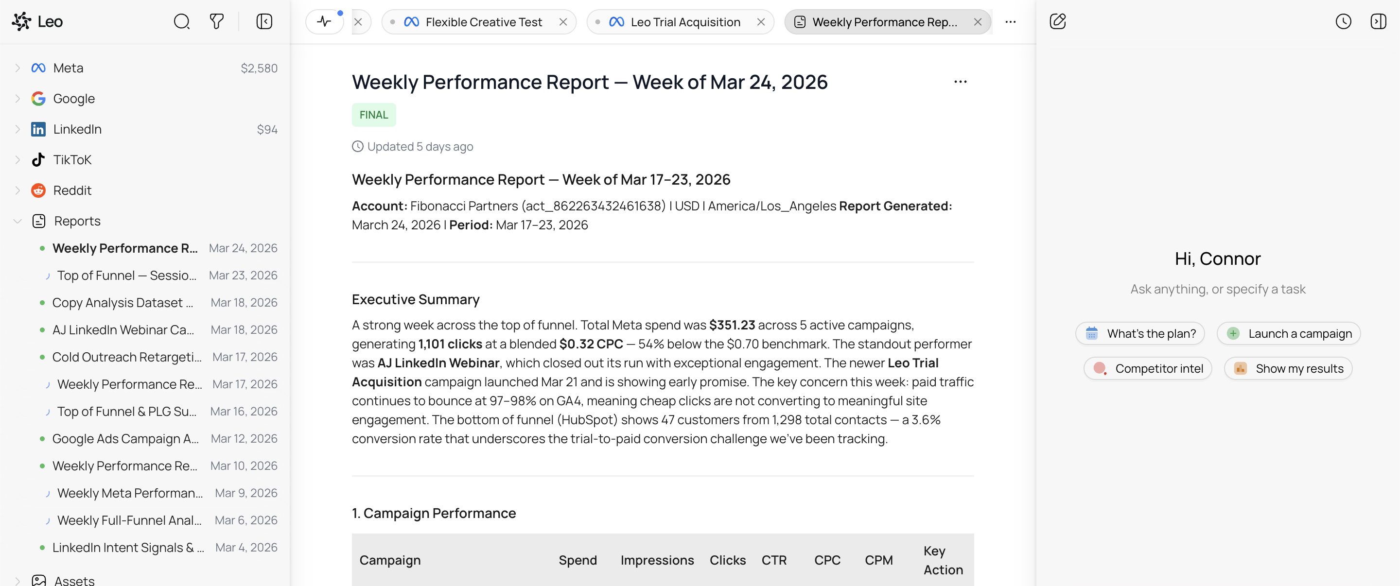 A generated performance report in Percuity