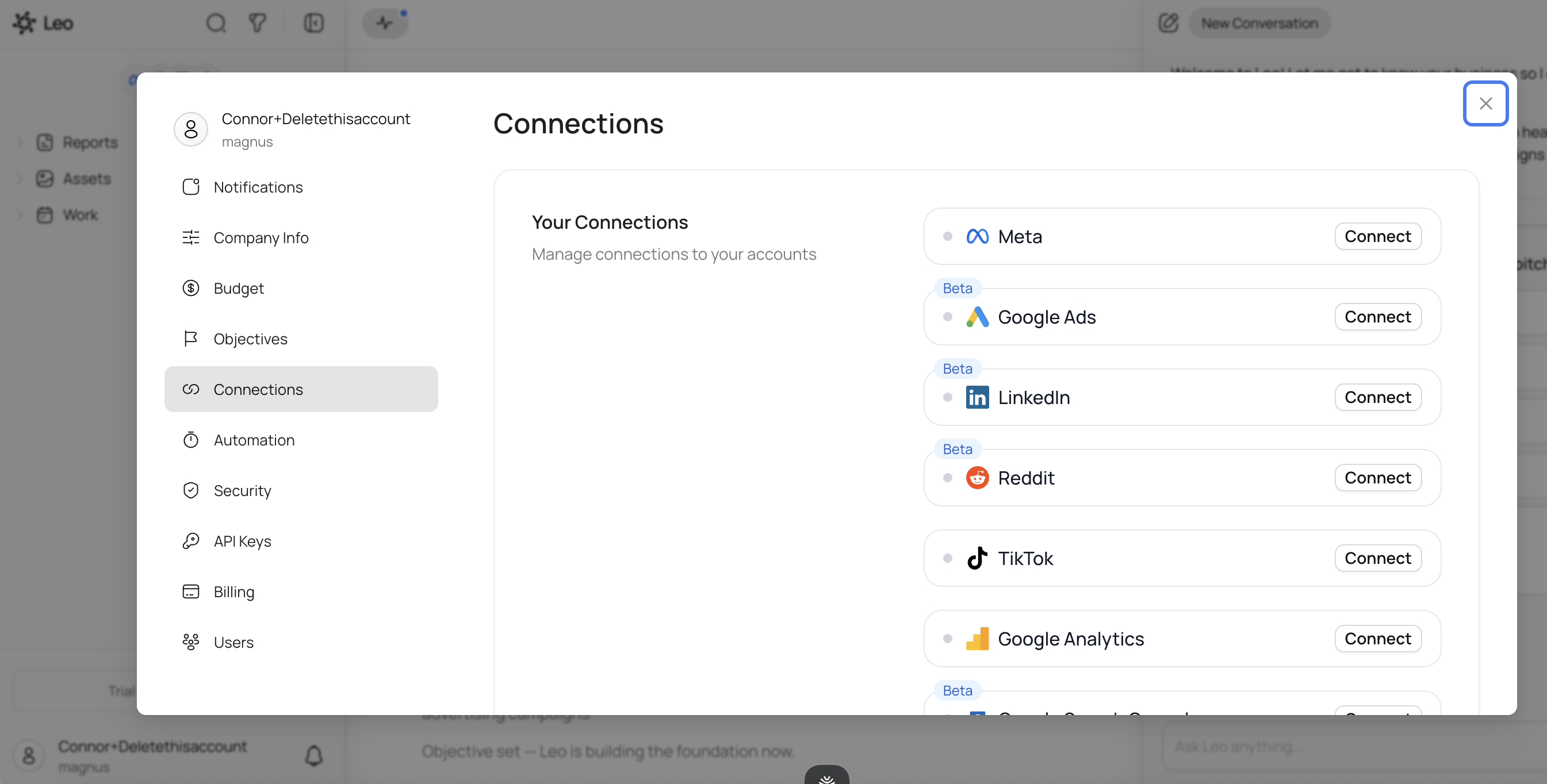 Connections settings page