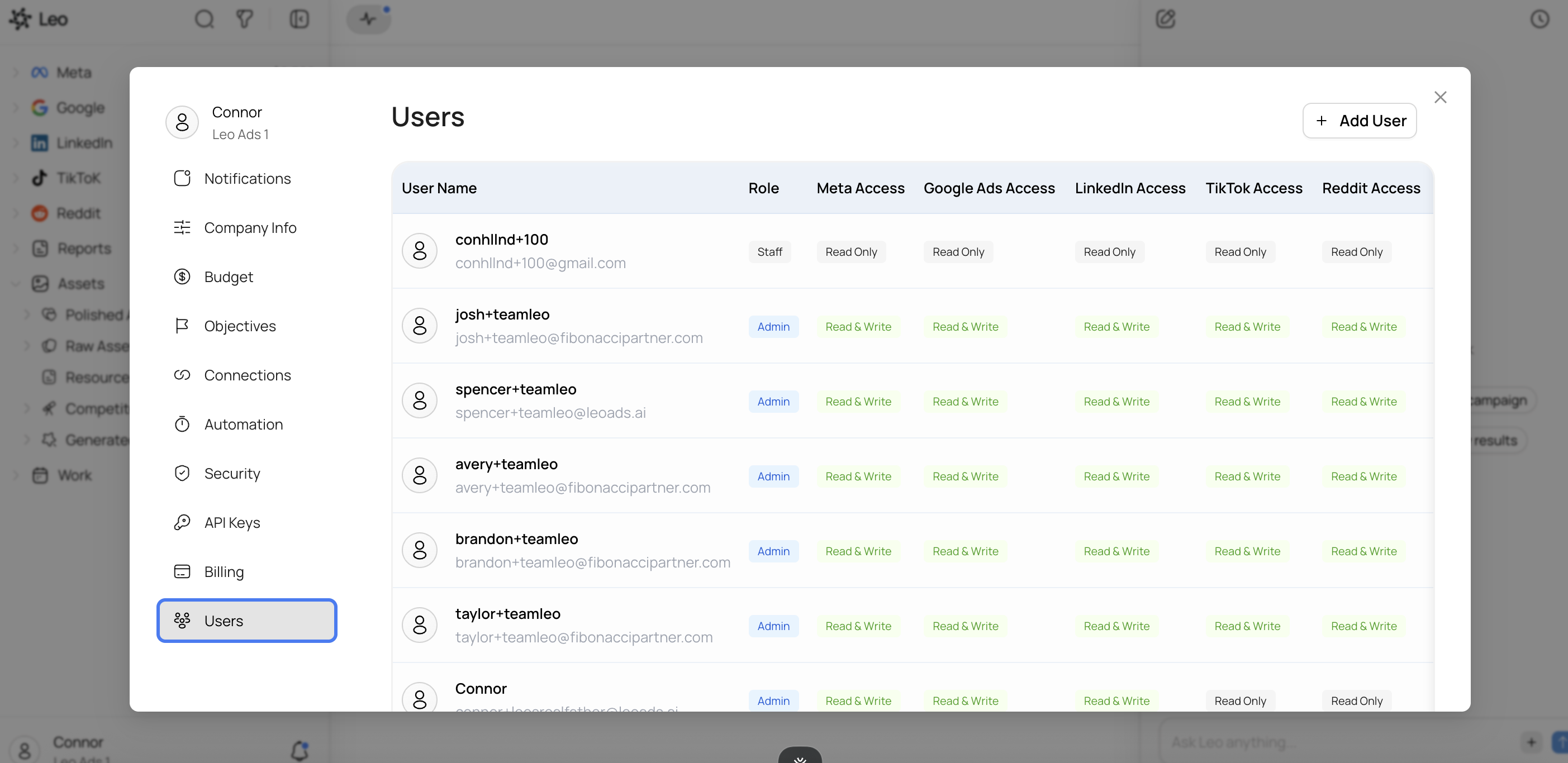 Users list in Percuity settings