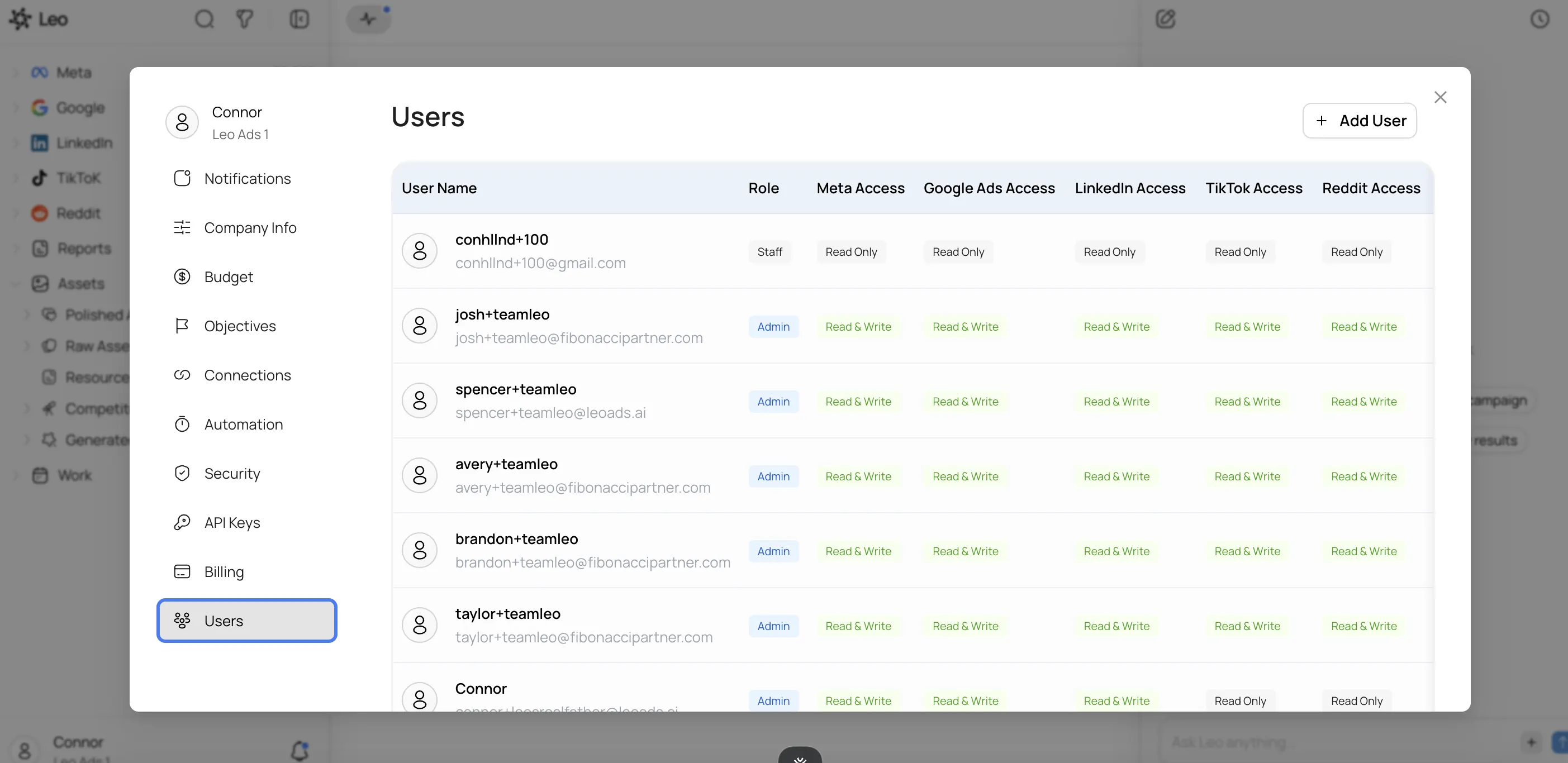 Users list in Percuity settings